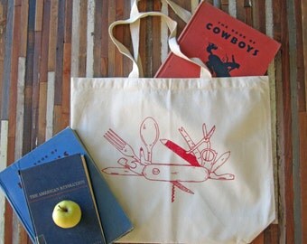 Screen Printed Recycled Cotton Tote Bag - Eco Friendly Grocery Tote - Canvas Tote Bag - Large Tote - Pocket Knife Book Bag - Handmade Tote
