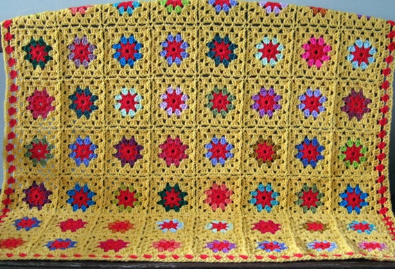 Granny Squares Crochet Blanket Afghan Sunshine Yellow