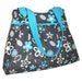 Pleated Purse / Shoulder Bag with Double Straps / Gray Pocketbook / Floral Handbag - Gray with White and Turquoise Flowers