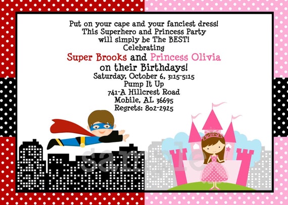 Superhero Princess Birthday Invitation for Twins or Siblings Printable or Printed Il_570xn