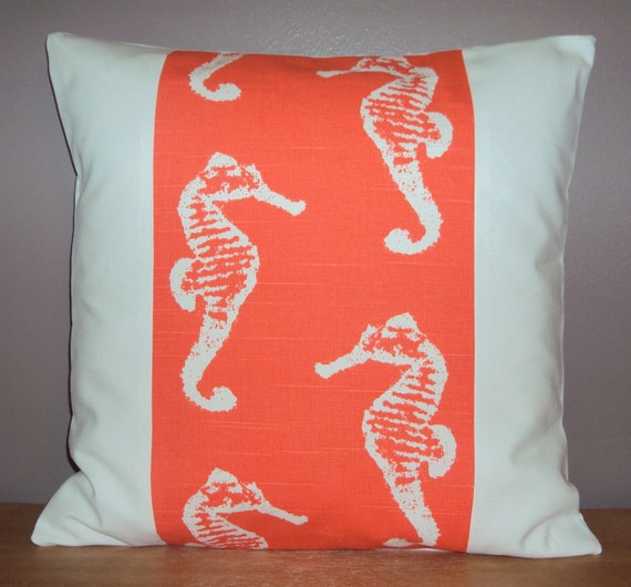 Items similar to Coral Salmon Sea Horse Panel Beach Theme Nautical Decorative Pillow Cover ...