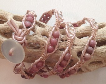 Pink Stone Leather Wrap Bracelet