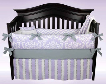 SALE! EMMA 5 Piece Crib Bedding Set Lavender Damask and Chevron | Free Diaper Stacker Included