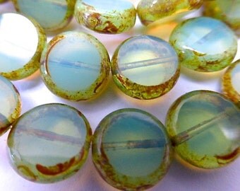 15 Czech Glass Flat Round Disc Beads in Cloudy Translucent Light Green Opal with Picasso Edges Size 11mm
