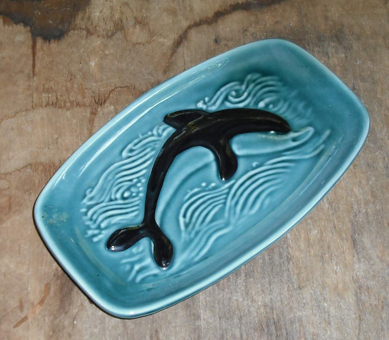 Vintage England Poole Pottery Butter Dish Blue Green Orca