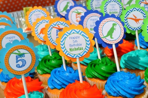 Dinosaur Birthday Cupcake Toppers, Boys 1st Birthday, Dinosaur Theme Birthday, Dinosaur Birthday Party Decorations - Set of 12 Il_570xn