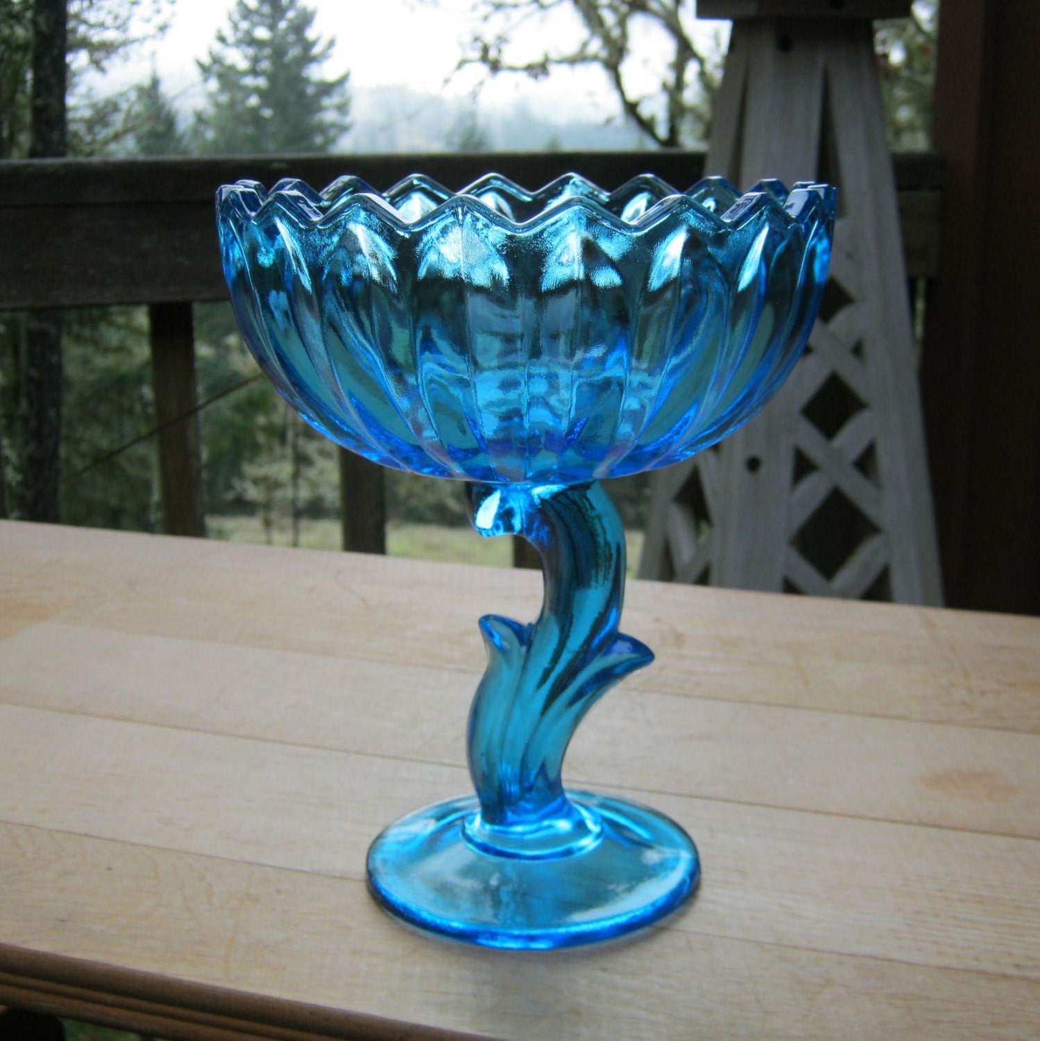 Aqua Blue Lotus Blossom Compote Flower Petal Bowl with Curved