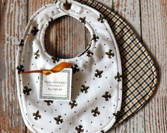Black and Gold Baby Fleur de Lis Reversible Cotton Bib