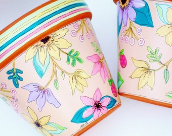 Planter Hand Painted Terra Cotta Pot 6 Inch "Meadow"- Made to Order