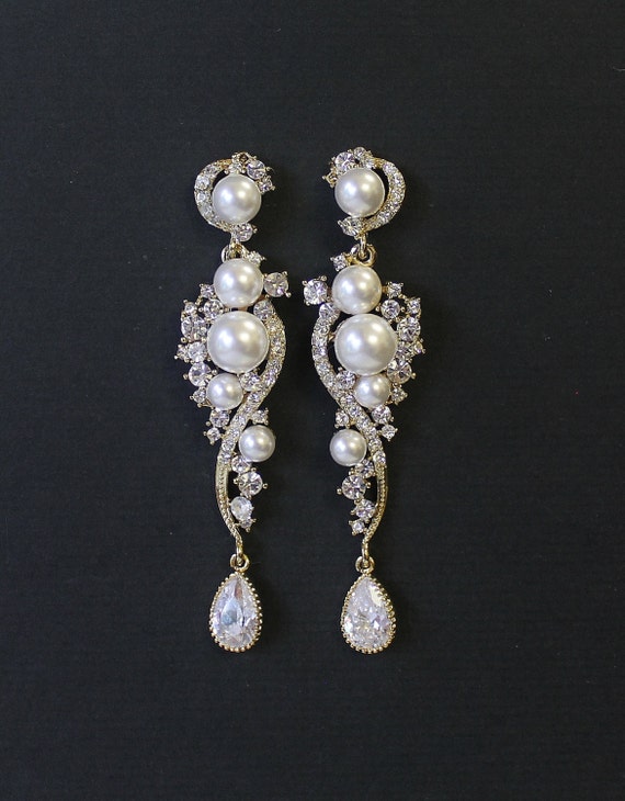 Gold Bridal Earrings Crystal & Pearl Gold Bridal by JamJewels1