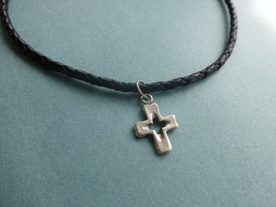 mens necklace silver cross black braided leather by wonderkath