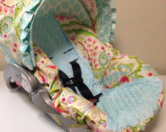 KUMARI GARDENS fabric & aqua MINKY Infant Car Seat Cover Ready to Ship