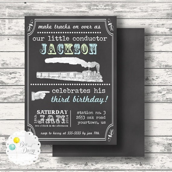 Vintage Train Invitation for Boys Birthday Party or Baby Shower - DIY Printable Chalkboard Style Invite by BeeAndDaisy Il_570xn