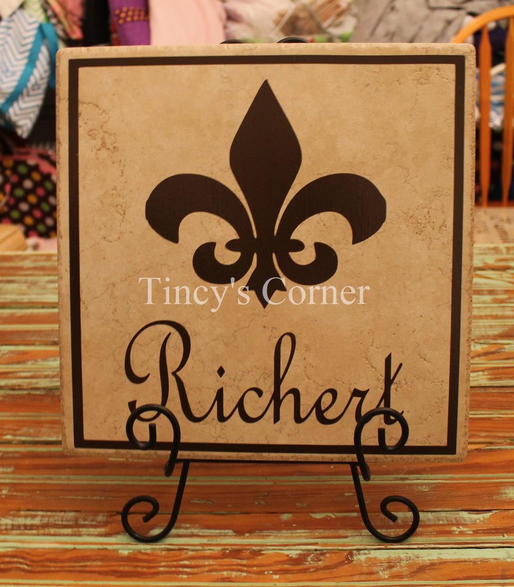 Ceramic Tile Name Plate with Last Name Fleur de by TincysCorner