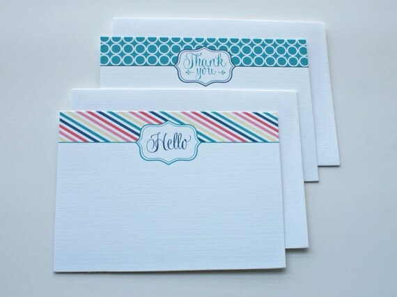Teal retro circles and teal, blue, yellow and pink stripes - Set of 8 flat notecards Il_570xn