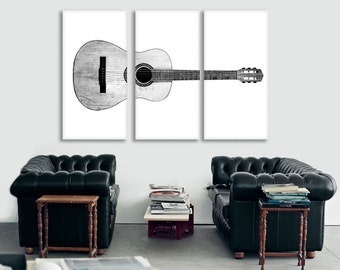 black and white acoustic guitar full view on 3 canvas split decorating ideas wall - Music Wall Decor black and white acoustic guitar full view on 3 canvas split decorating ideas wall - Music Wall Decor