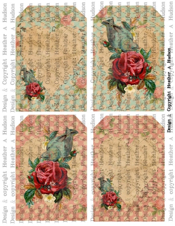 Romantic Roses Birds Victorian Vintage Valentine's Day Valentine tags Digital Collage sheet Printable