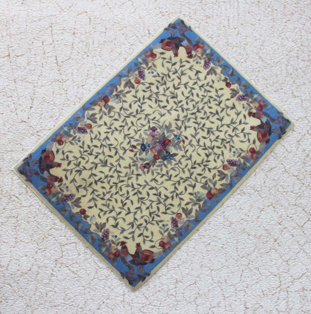 Miniature Rug French Country Blue and Cream With Fruit and