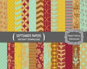 25% OFF SALE Digital Paper Pack Fall Crimson Marigold Chocolate Light Turquoise - Personal and Commercial Use - September Il_170x135