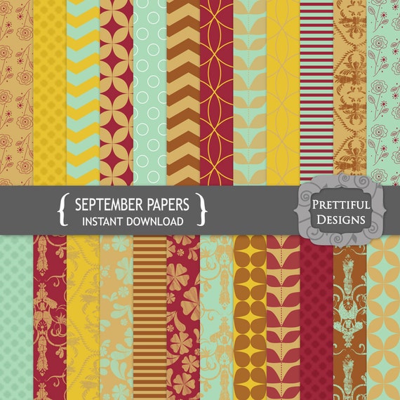 50% OFF SALE Digital Paper Pack Fall Crimson Marigold Chocolate Light Turquoise - Personal and Commercial Use - September (765) Il_570xn