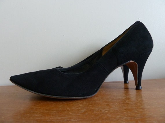 50s Black High Heels Suede Leather Shoes Pumps Pointy Toes
