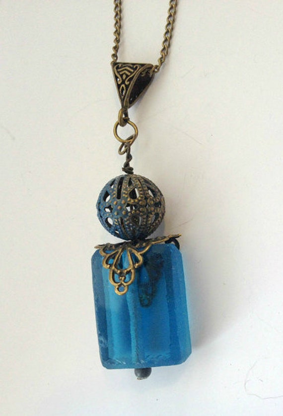 Items Similar To Recycled Glass Jewelry Blue And Bronze Necklace On Etsy   Il 570xN.635721010 Ltne 