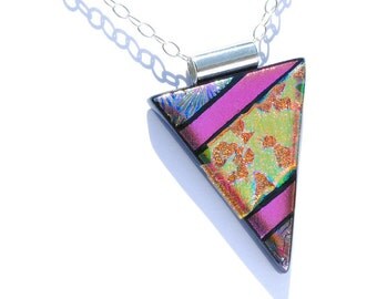 Dichroic Glass Pendant LARGE, Fused Glass Jewelry, Bold Design, Geometric, OOAK - Bright Colors including Orange, Gold, Pink (Item #10676-P)
