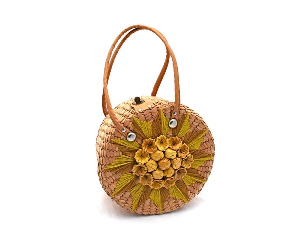 Vintage Straw Handbag Round Yellow Flowers Chartreuse Embroidered ...