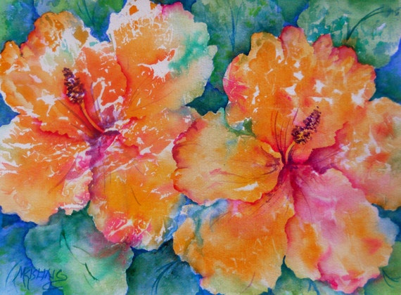 Items similar to Peach Hibiscus Tropical Watercolor by Martha Kisling ...