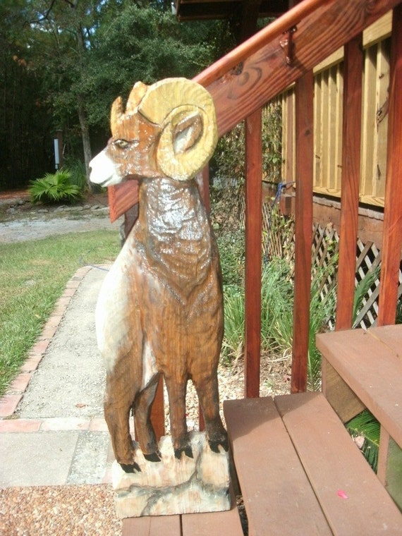 Big Horn Sheep 55 chainsaw wooden sheep carving by oceanarts10