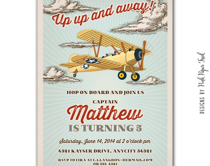 Happy Birthday Banner, Vintage Retro Airplane, Instant Download, Print Your Own