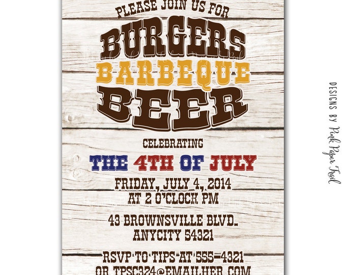 Burgers, BBQ and Beer Party Invitation, Backyard Burgers and BBQ, BBQ Shower, 4th of July, 30th, 40th, 50th, 60th - Printable Invitation