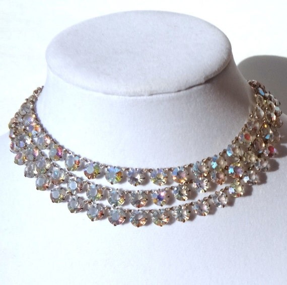 Items similar to Vintage aurora borealis triple strand necklace on Etsy