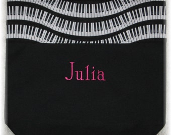 Children's piano music lesson book tote bag personalized black canvas wavy keyboard musician kids birthday recital teacher gift idea