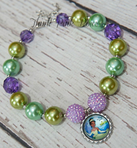 Princess and the Frog Tiana Girls Chunky Necklace, Girls Bubblegum Chunky Necklace, Disney Princess Tiana inspired girls chunky necklace. by ThinkPinkBows