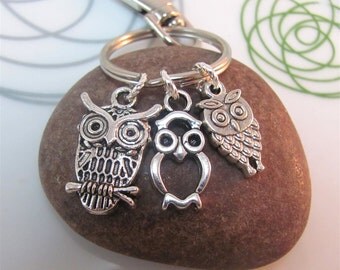 Owl Keychain silver owl Keyring Three mini owls charms with swivel clasp