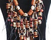 Native American boho style statement necklace  with agate, in tan, browns, and golds