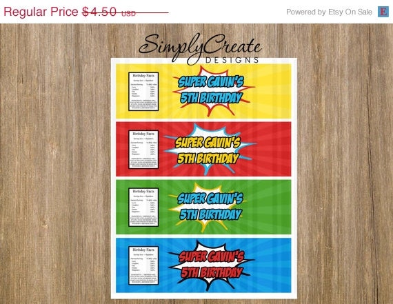 SALE Superhero Water Bottle Label 8.5x11 JPEG sheet Personalized Il_570xn
