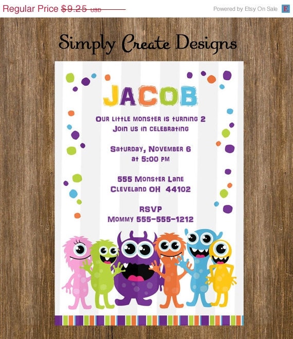 SALE Little Monster Birthday Invitation 5x7 DIGITAL file Monsters Theme Il_570xn