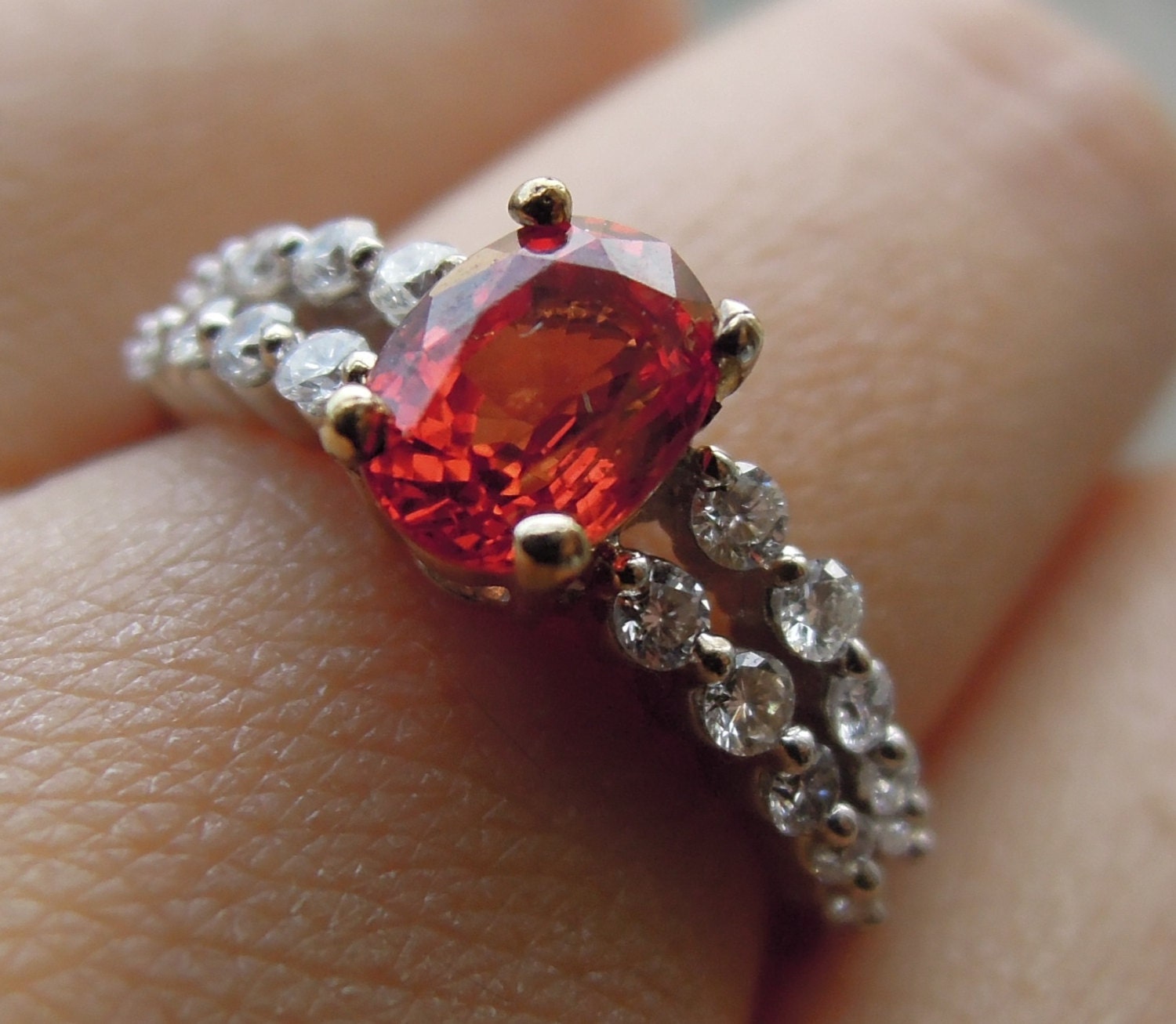 Genuine Red Orange Sapphire Genuine Diamond and 18k by sssggg