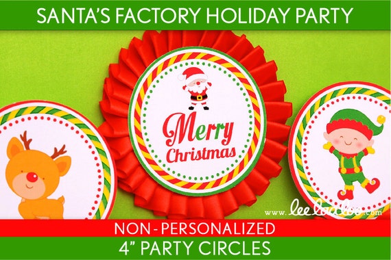 Santa’s Factory Holiday Party - 4 inch Party Circles & Bonus: Pennant Banner NonPersonalized Printable // Santa’s Factory - H3Ni Il_570xn