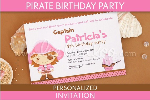Pirate Birthday Party Invitation Personalized Printable // Pirate Girl Pink Brown - B9Pa2 Il_570xn