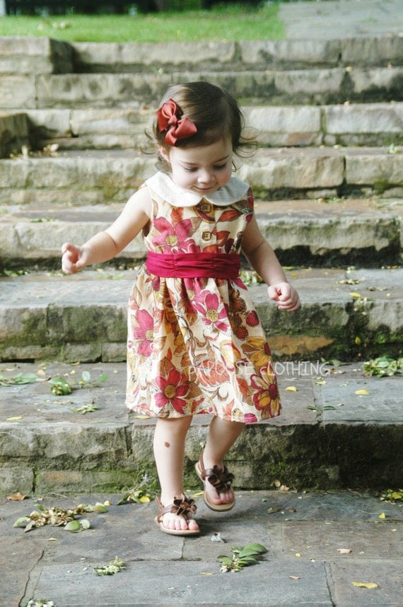 Floral Fall Dress with Peter Pan Collar and Red Sash by Papoose Clothing