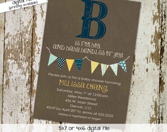 baby boy baby shower invitation B is for boy bunting banner baptism high tea shower baby sprinkle coed (item 1240) shabby chic invitations