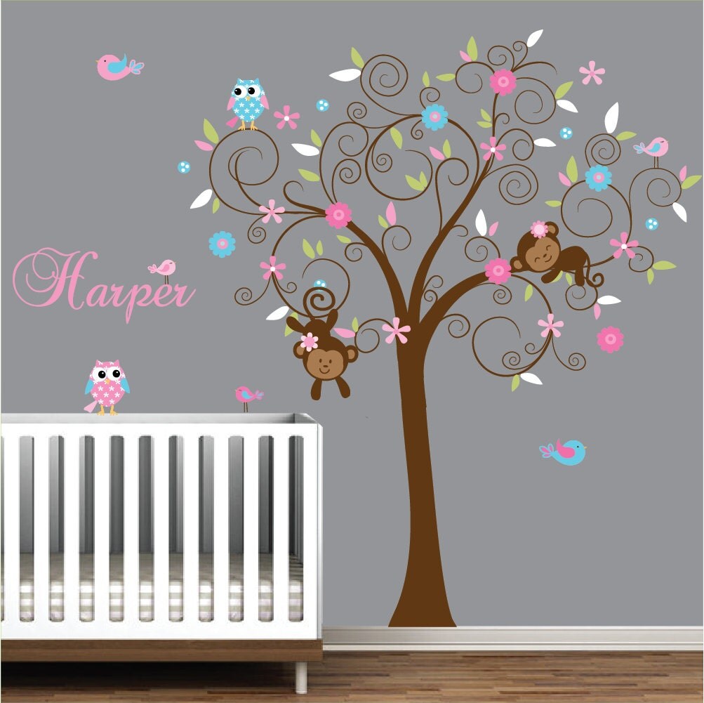 Nursery Wall Decal-Tree Decal with Monkeys Custom Name Owls
