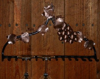 Wine Glass Rack With Copper Accents on Repurposed Rake