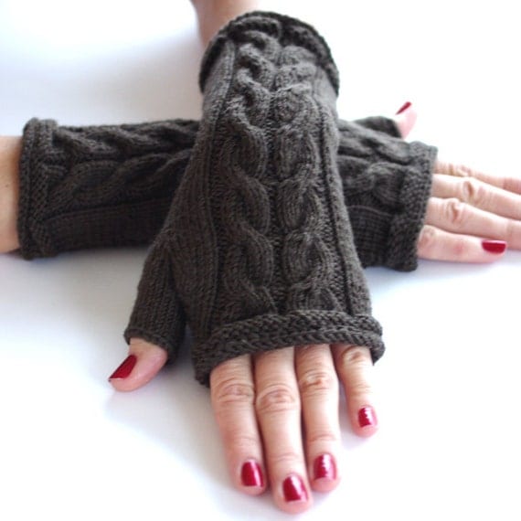 Cable knit PURE merino wool fingerless gloves arm warmers
