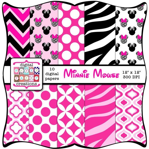 Digital Paper Pack - Zebra Print Minnie Mouse Ears Quatrefoil Ogee Dots Digital Scrapbook Paper INSTANT DOWNLOAD Il_570xn