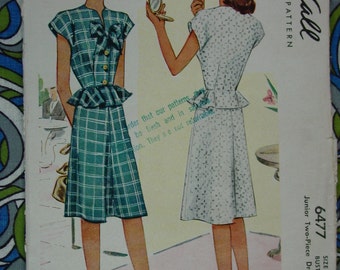 Vintage Pattern c.1946 McCall No.6477 Jr. 2 Piece Dress, Size 13, Bust 31