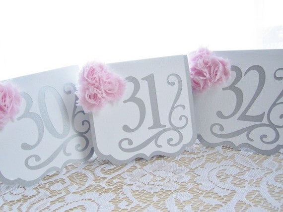 Wedding Table Numbers - "Flourish" in Silver and White w/ Pale Pink Blush Chiffon Accents - Choose Your Colors